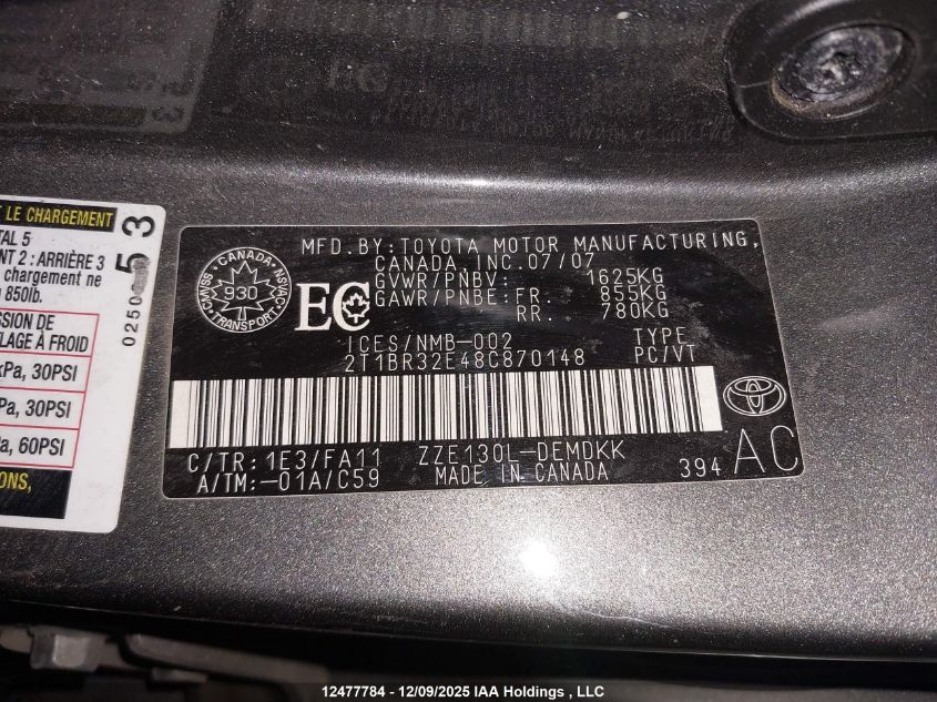 2008 Toyota Corolla Ce/Le/S VIN: 2T1BR32E48C870148 Lot: 12477784