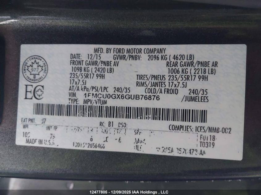 2016 Ford Escape Se VIN: 1FMCU0GX6GUB76876 Lot: 12477805