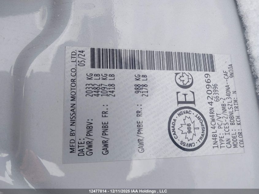2024 Nissan Altima Sr VIN: 1N4BL4CW4RN420969 Lot: 12477814