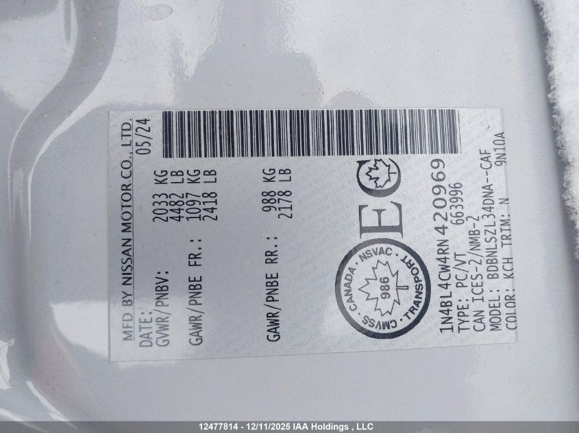 2024 Nissan Altima Sr VIN: 1N4BL4CW4RN420969 Lot: 12477814