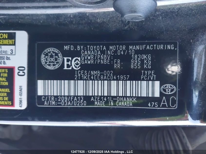 2010 Toyota Matrix Xr VIN: 2T1KE4EE8AC041957 Lot: 12477825