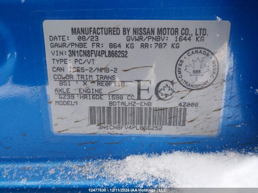 2023 Nissan Versa Sr VIN: 3N1CN8FV4PL866252 Lot: 12477830