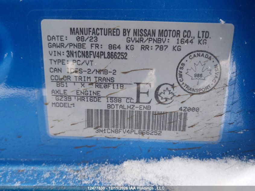 2023 Nissan Versa Sr VIN: 3N1CN8FV4PL866252 Lot: 12477830