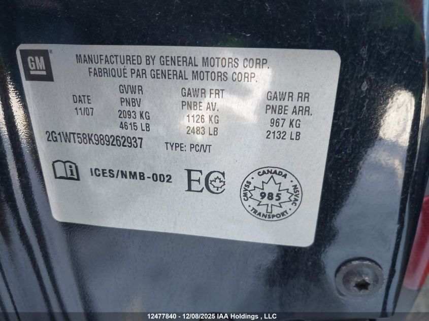 2008 Chevrolet Impala VIN: 2G1WT58K989262937 Lot: 12477840