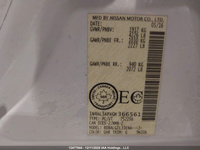 2016 Nissan Altima 2.5/2.5 S/2.5 Sl Tech/2.5 Sr/2.5 Sv VIN: 1N4AL3APXGN366561 Lot: 12477844