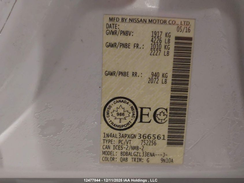 2016 Nissan Altima 2.5/2.5 S/2.5 Sl Tech/2.5 Sr/2.5 Sv VIN: 1N4AL3APXGN366561 Lot: 12477844