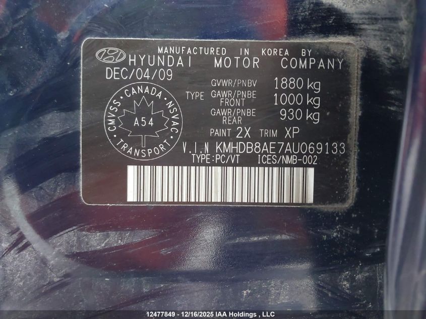 2010 Hyundai Elantra VIN: KMHDB8AE7AU069133 Lot: 12477849