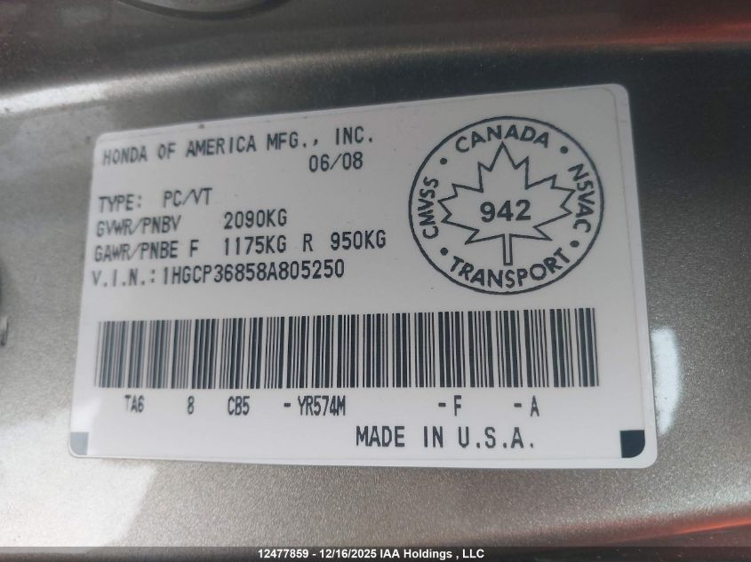2008 Honda Accord VIN: 1HGCP36858A805250 Lot: 12477859