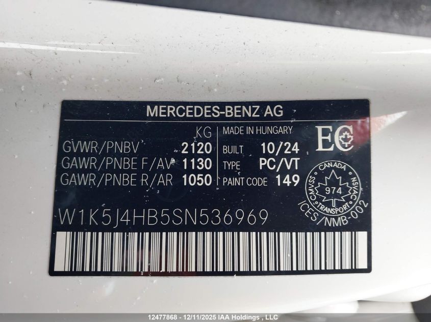 2025 Mercedes-Benz Cla 250 4Matic VIN: W1K5J4HB5SN536969 Lot: 12477868