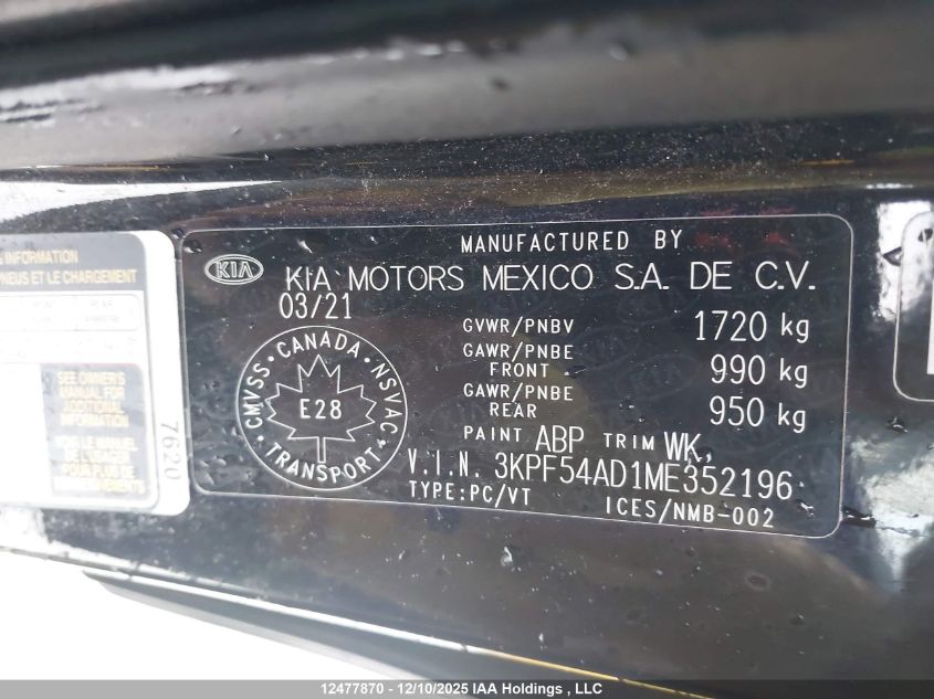 2021 Kia Forte Ex/Ex Premium/Ex+ VIN: 3KPF54AD1ME352196 Lot: 12477870