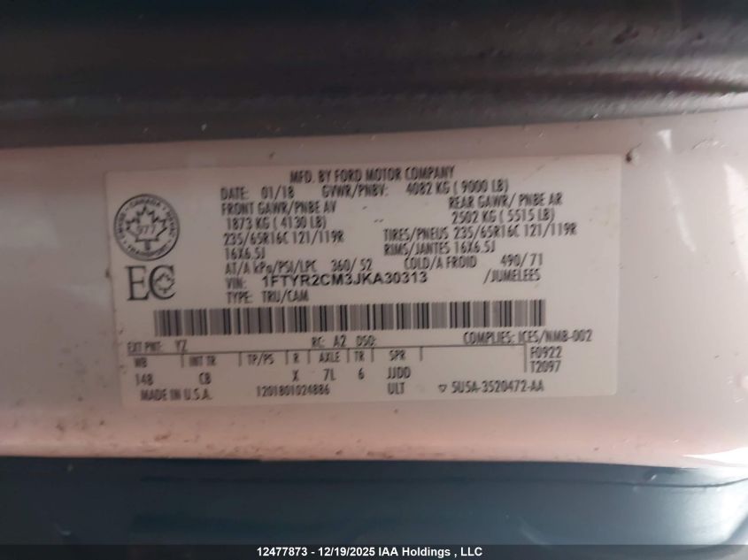 2018 Ford Transit T-250 VIN: 1FTYR2CM3JKA30313 Lot: 12477873