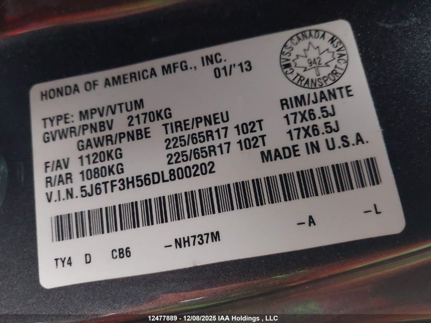 2013 Honda Crosstour Exl VIN: 5J6TF3H56DL800202 Lot: 12477889