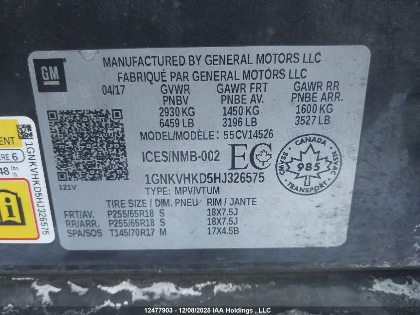 2017 Chevrolet Traverse 2Lt VIN: 1GNKVHKD5HJ326575 Lot: 12477903