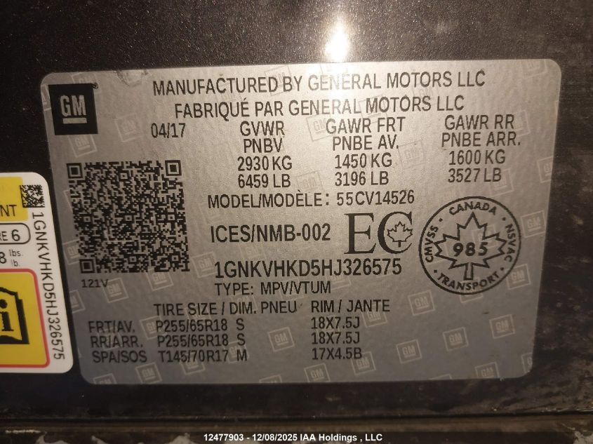 2017 Chevrolet Traverse 2Lt VIN: 1GNKVHKD5HJ326575 Lot: 12477903