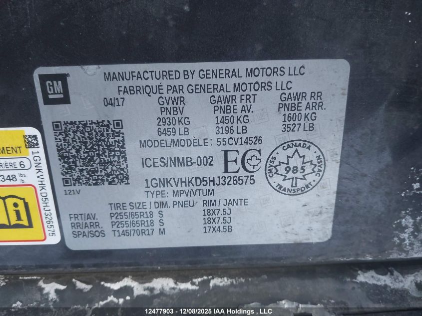 2017 Chevrolet Traverse 2Lt VIN: 1GNKVHKD5HJ326575 Lot: 12477903