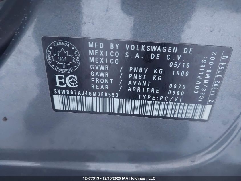 2016 Volkswagen Jetta Se VIN: 3VWD67AJ4GM388550 Lot: 12477919