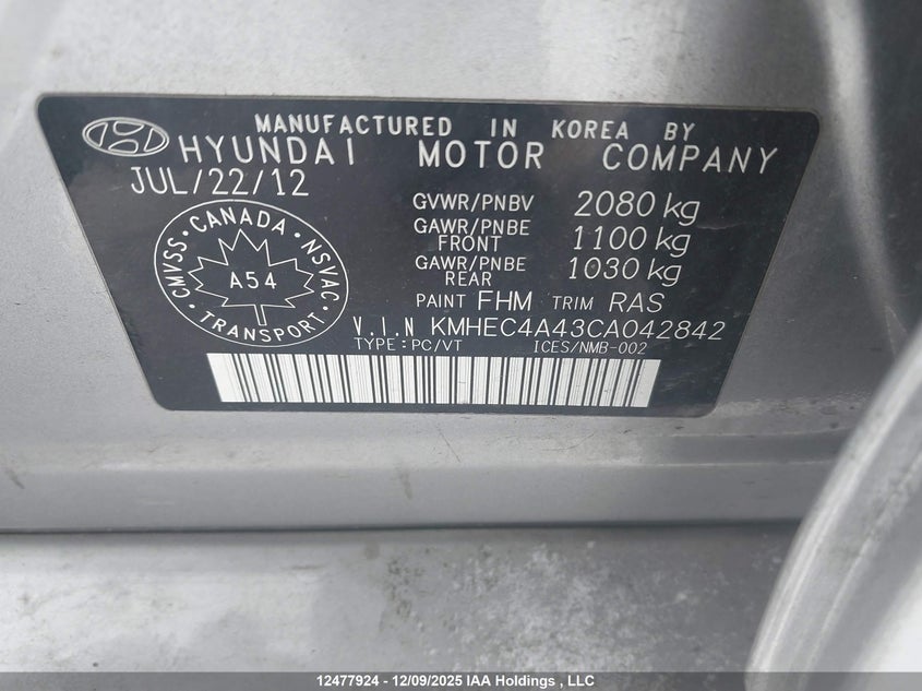 KMHEC4A43CA042842 2012 HYUNDAI SONATA photo no. 9
