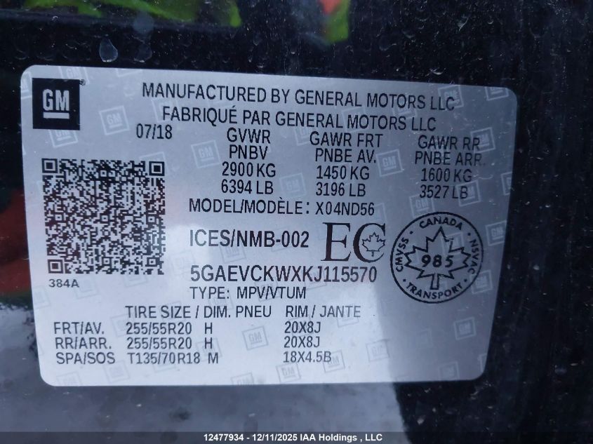 2019 Buick Enclave VIN: 5GAEVCKWXKJ115570 Lot: 12477934