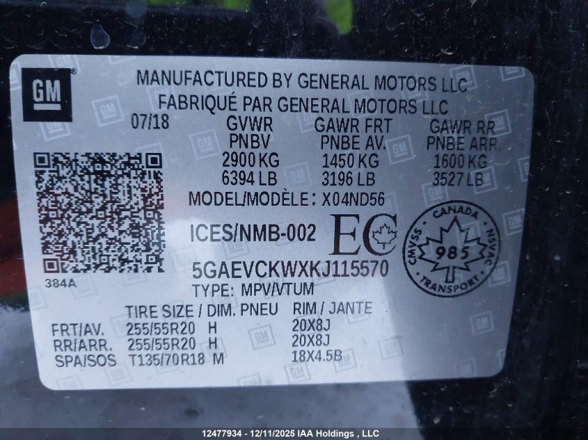 2019 Buick Enclave VIN: 5GAEVCKWXKJ115570 Lot: 12477934