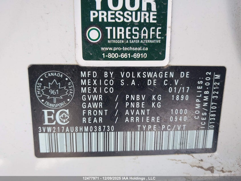 2017 Volkswagen Golf S/Wolfsburg/Se/Sel VIN: 3VW217AU8HM038730 Lot: 12477971