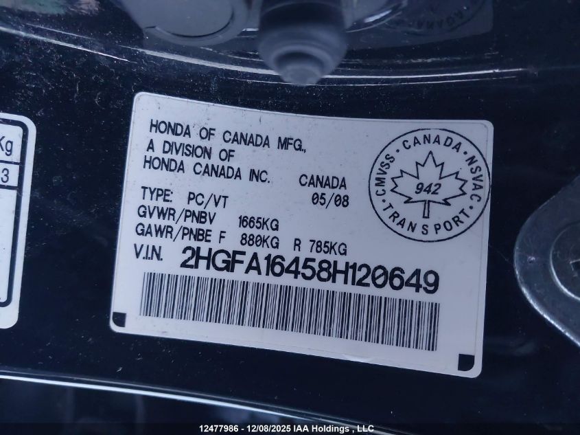 2008 Honda Civic VIN: 2HGFA16458H120649 Lot: 12477986