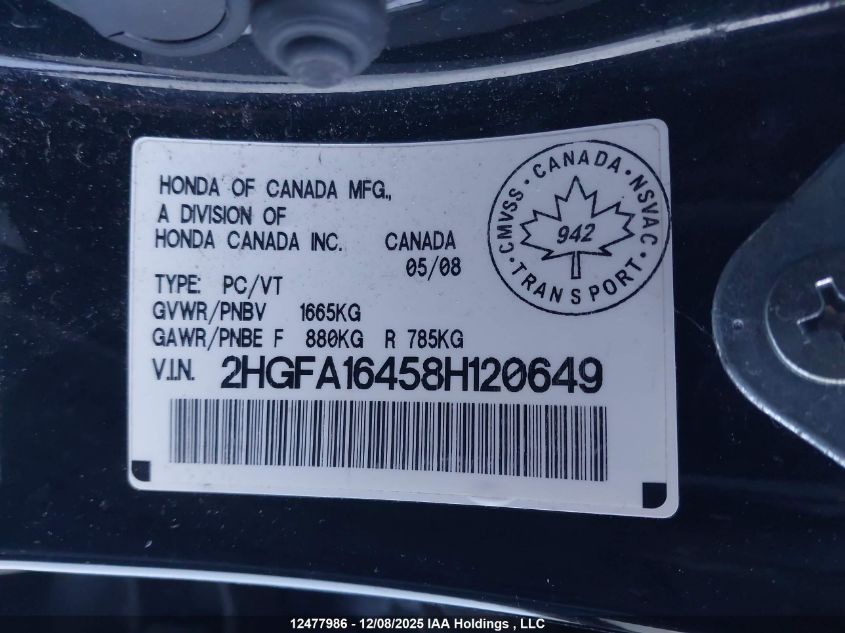 2008 Honda Civic VIN: 2HGFA16458H120649 Lot: 12477986