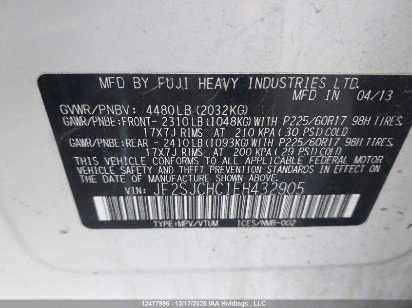 2014 Subaru Forester 2.5I Limited VIN: JF2SJCHC1EH432905 Lot: 12477995