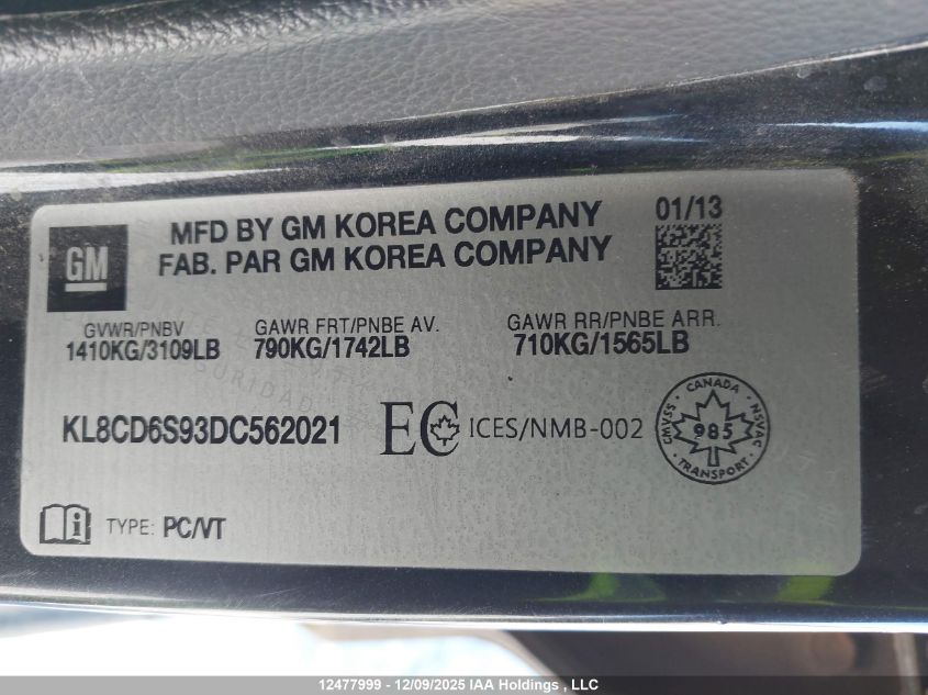 2013 Chevrolet Spark 1Lt Auto VIN: KL8CD6S93DC562021 Lot: 12477999