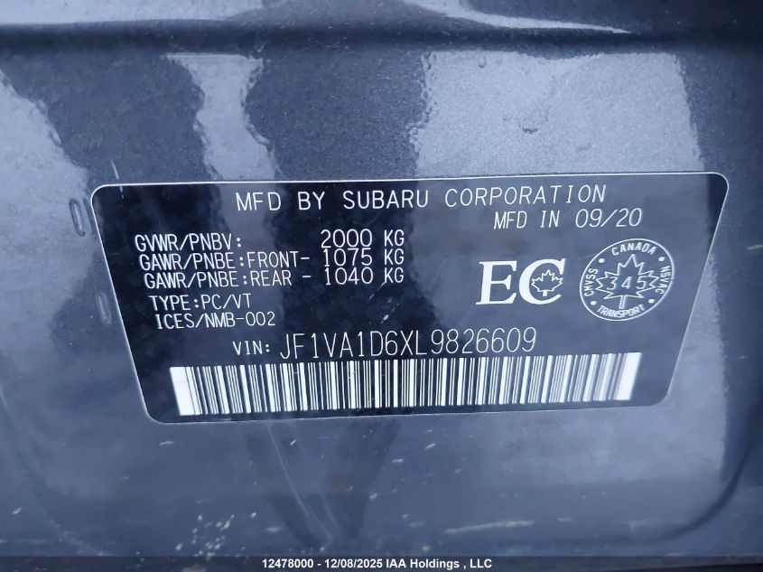 2020 Subaru Wrx Sport VIN: JF1VA1D6XL9826609 Lot: 12478000