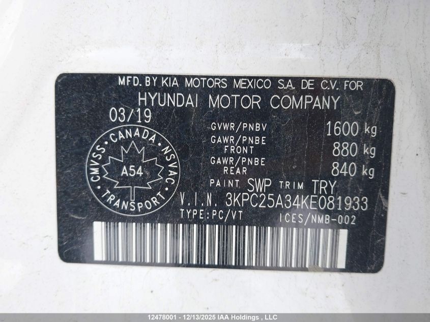 2019 Hyundai Accent Preferred VIN: 3KPC25A34KE081933 Lot: 12478001