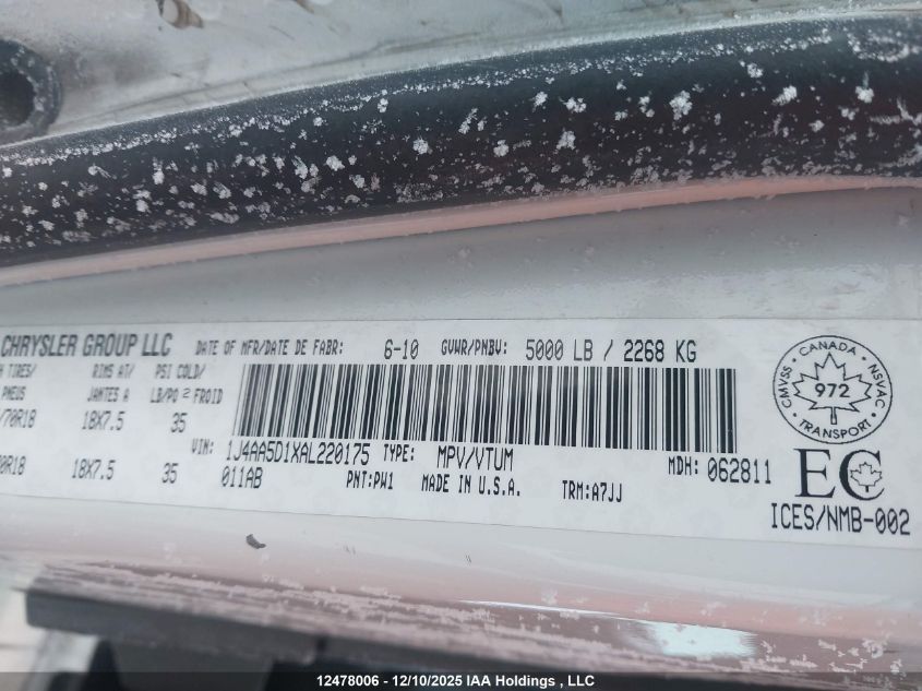 2010 Jeep Wrangler Sahara VIN: 1J4AA5D1XAL220175 Lot: 12478006