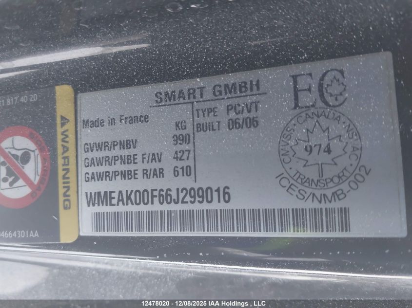 2006 Smart Fortwo VIN: WMEAK00F66J299016 Lot: 12478020