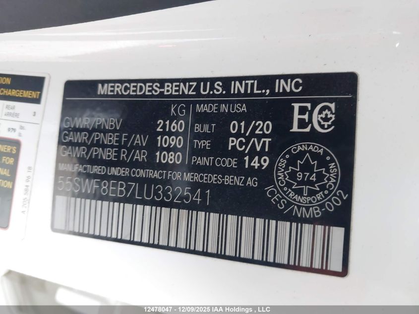 2020 Mercedes-Benz C 300 4Matic VIN: 55SWF8EB7LU332541 Lot: 12478047