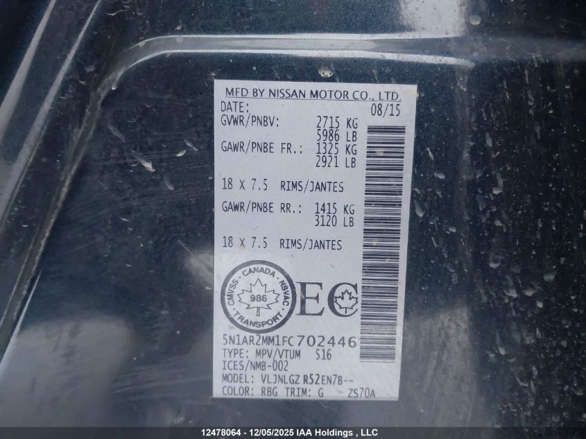 2015 Nissan Pathfinder S/Sv/Sl/Platinum VIN: 5N1AR2MM1FC702446 Lot: 12478064