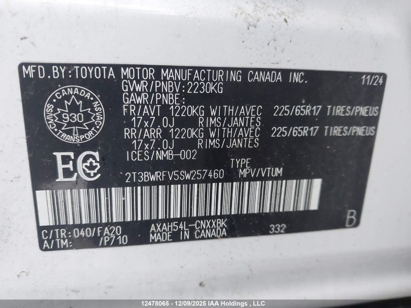 2025 Toyota Rav4 Le VIN: 2T3BWRFV5SW257460 Lot: 12478065