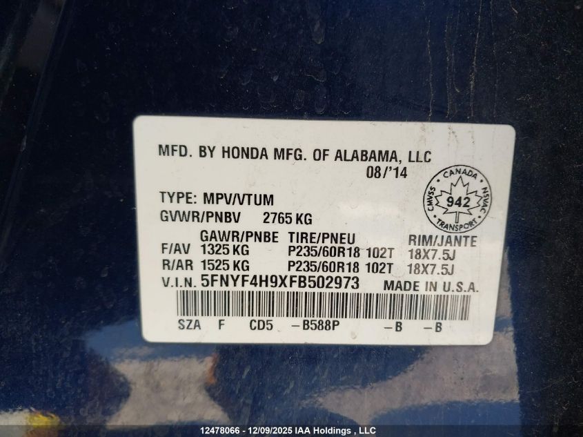 2015 Honda Pilot Touring VIN: 5FNYF4H9XFB502973 Lot: 12478066