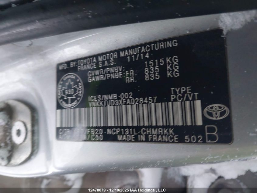 2015 Toyota Yaris VIN: VNKKTUD3XFA028457 Lot: 12478079