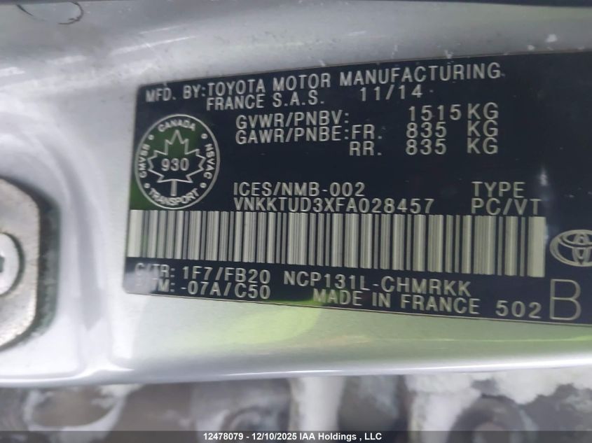 2015 Toyota Yaris VIN: VNKKTUD3XFA028457 Lot: 12478079