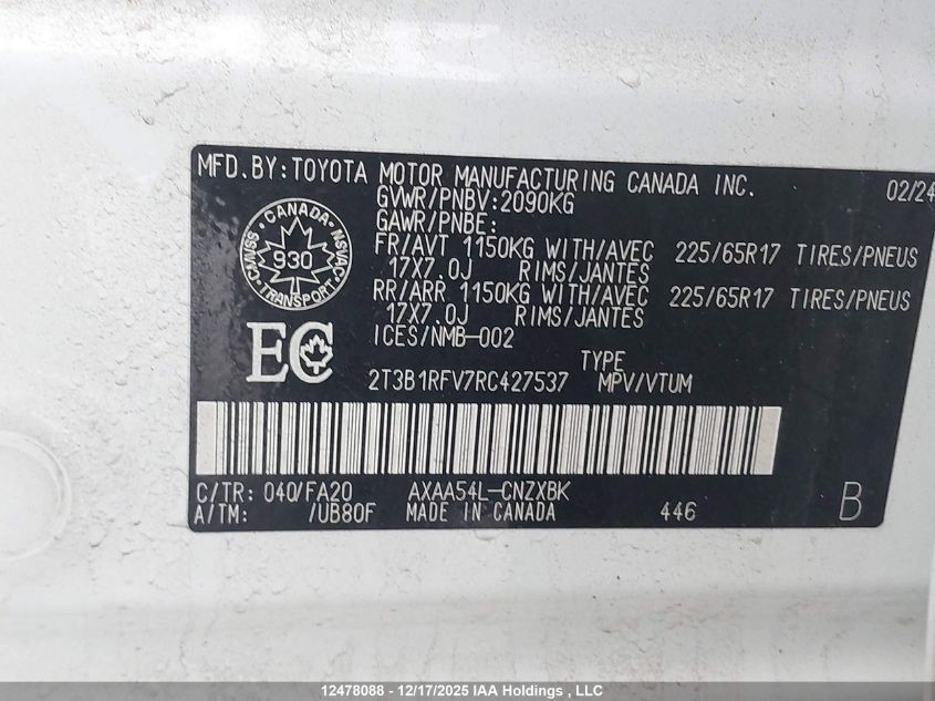 2024 Toyota Rav4 Le VIN: 2T3B1RFV7RC427537 Lot: 12478088