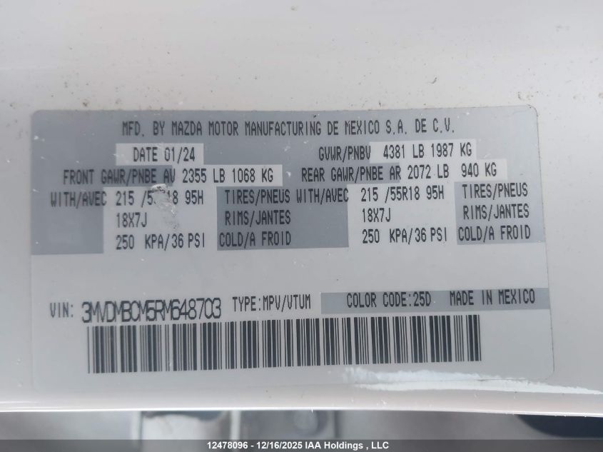 2024 Mazda Cx-30 Gs VIN: 3MVDMBCM5RM648703 Lot: 12478096