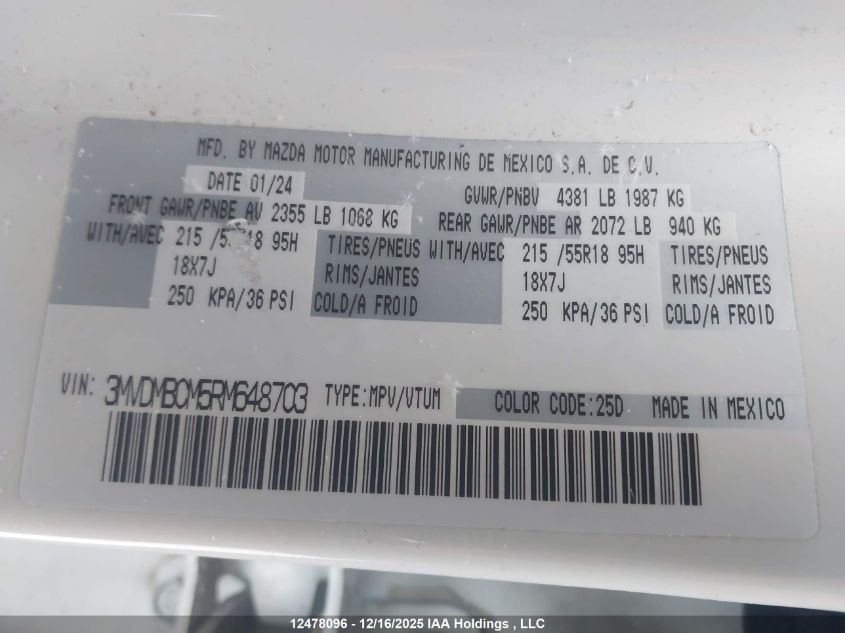 2024 Mazda Cx-30 Gs VIN: 3MVDMBCM5RM648703 Lot: 12478096