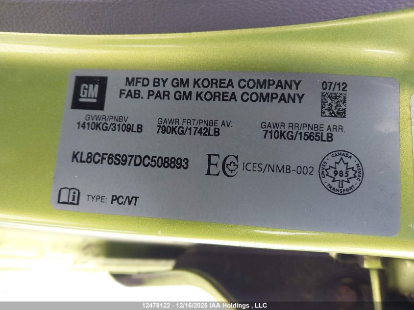 2013 Chevrolet Spark 2Lt Auto VIN: KL8CF6S97DC508893 Lot: 12478122