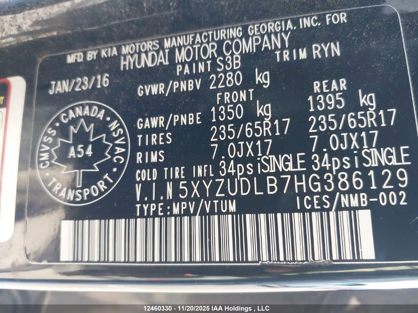 2017 Hyundai Santa Fe Sport 2.4 Luxury VIN: 5XYZUDLB7HG386129 Lot: 12460330X