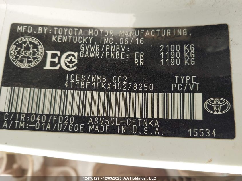 2017 Toyota Camry Le/Xle/Se/Xse VIN: 4T1BF1FKXHU278250 Lot: 12478127