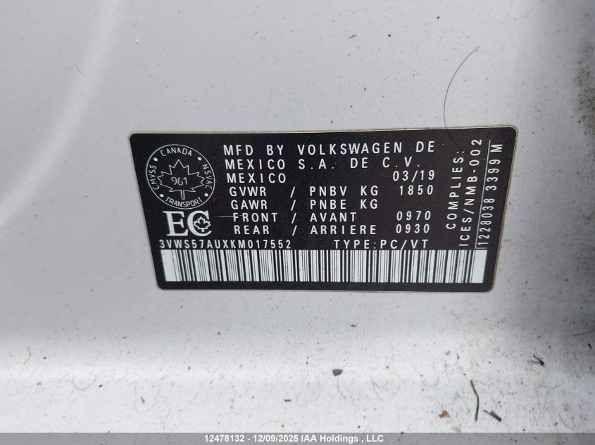 2019 Volkswagen Golf 1.4 Tsi Execline VIN: 3VWS57AUXKM017552 Lot: 12478132