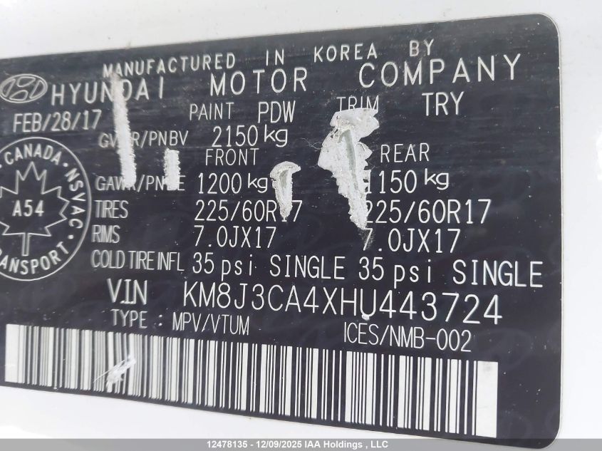 2017 Hyundai Tucson Se VIN: KM8J3CA4XHU443724 Lot: 12478135