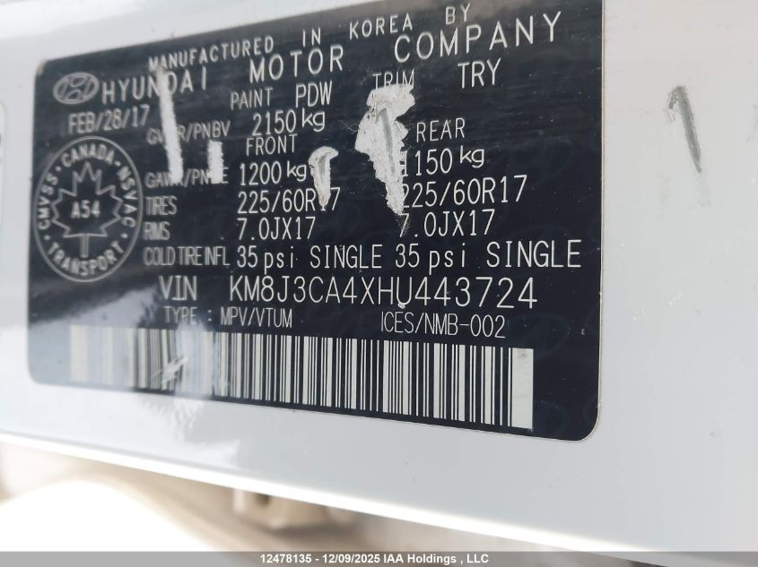 2017 Hyundai Tucson Se VIN: KM8J3CA4XHU443724 Lot: 12478135