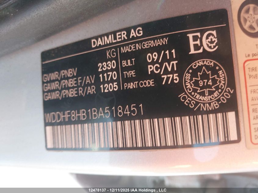 2011 Mercedes-Benz E 350 4Matic VIN: WDDHF8HB1BA518451 Lot: 12478137