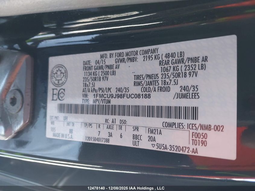 2015 Ford Escape Titanium VIN: 1FMCU9J98FUC08188 Lot: 12478140