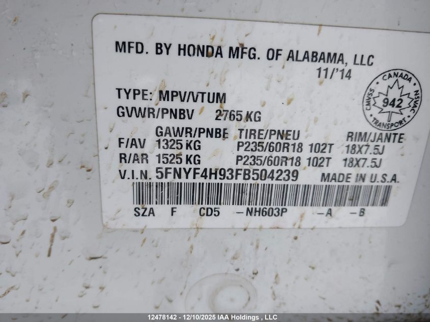 2015 Honda Pilot Touring VIN: 5FNYF4H93FB504239 Lot: 12478142